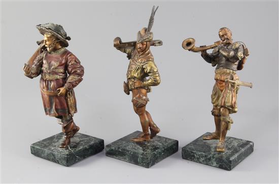 A set of three late 19th century Austrian cold painted bronze Renaissance figures, height 8.5in.